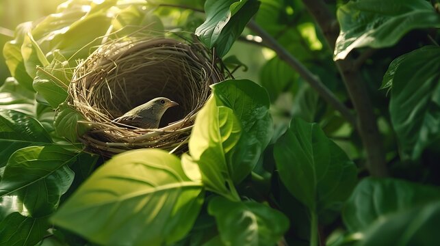 Birda??s nest nestled in a green leafy tree, quiet nature moment.