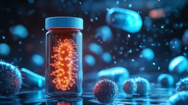 Glowing Antibiotic Bottle with Bacteria and Capsules in Dark Setting