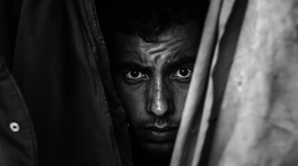 Somber Faces in a Huddled Crowd Displaying Shared Emotions