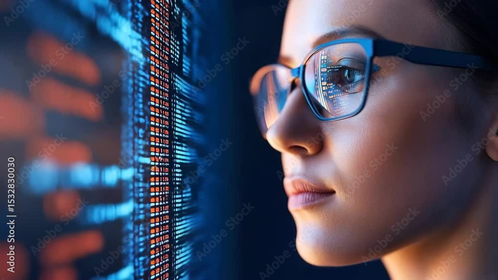 Poster woman with glasses looking computer code screen, focused and thoughtful, technology and programming 