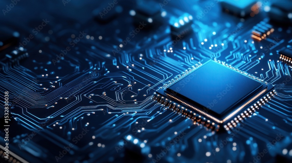 Aufkleber close-up view of a microchip on a circuit board with glowing connections