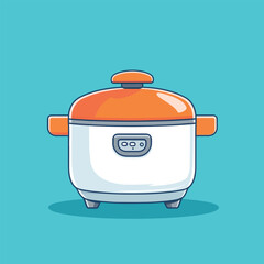Cartoon Illustration of a Modern Rice Cooker with Orange Lid and Handles