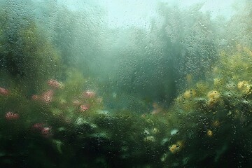 Obraz premium Raindrops on a window create a blurred yet vibrant view of a floral garden