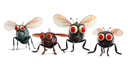 Cartoon flies with big red eyes isolated on transparent background