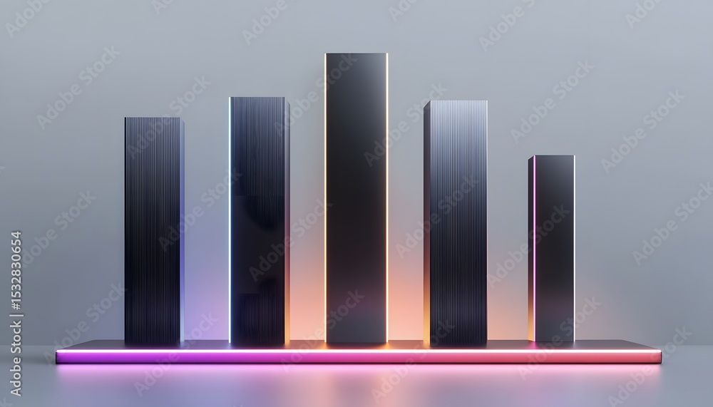 Poster abstract display with multiple dark gray rectangular shapes lit by vibrant neon light.