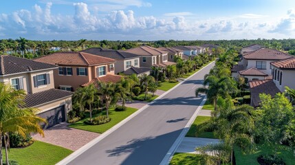 Aerial View of Elegant Suburban Residences Along Straight Path in Upscale USA Neighborhood