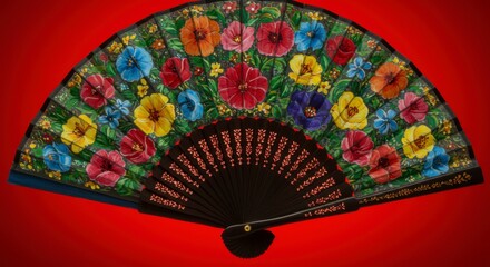 Hand-painted floral fan, vibrant colors, black frame,  red background