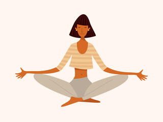 Flat vector illustration of a slim Black woman meditating in lotus pose. Mindfulness, inner peace, self care, emotional wellbeing, calm lifestyle. Cartoon minimal style. Healthy and serene mood.