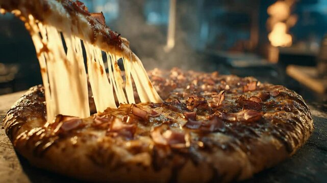 close up home made bacon cheese pizza with stretchy cheese and steam 