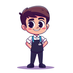 Cheerful Cartoon Boy in Black Apron and Name Tag