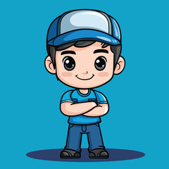 Cheerful Cartoon Boy in Blue Uniform with Arms Crossed