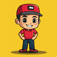 Cheerful Cartoon Boy in Red Cap and Shirt
