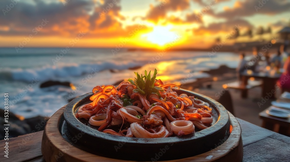 Poster a sizzling platter of squid being served at a seaside restaurant, with waves crashing in the backgro