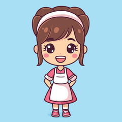 Cheerful Cartoon Girl in Pink Dress and Apron