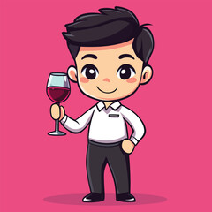 Cheerful Cartoon Waiter Presenting Red Wine