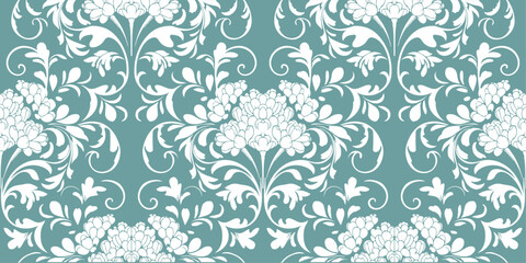 Elegant Teal Damask Floral Design, flower illustration texture, clothes background, seamless floral design, abstract floral pattern background, modern pattern, fabric, tiles, floor, carpet decoration 