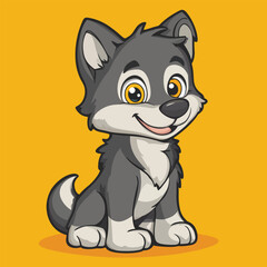 Cheerful Cartoon Wolf Pup Sitting Grey Fur Orange Eyes