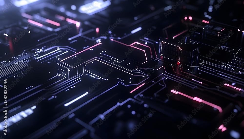 Poster detailed close-up view of a complex circuit board.