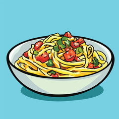 Colorful Cartoon Illustration of a Bowl of Pasta with Tomatoes and Vegetables