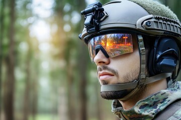 Tactical Soldier with Helmet in Natural Setting