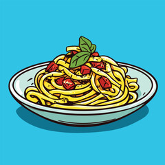 Colorful Cartoon Illustration of a Plate of Pasta with Tomatoes and Basil