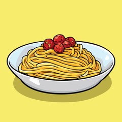 Colorful Cartoon Illustration of a Plate of Spaghetti with Meatballs
