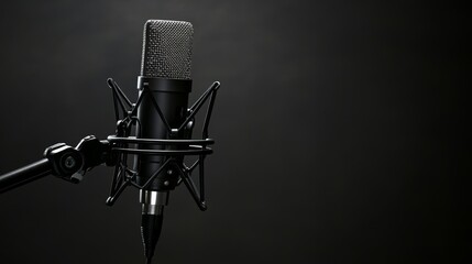 A sleek studio microphone on a professional boom stand, set against a dark background with soft lighting highlighting its metallic surface.