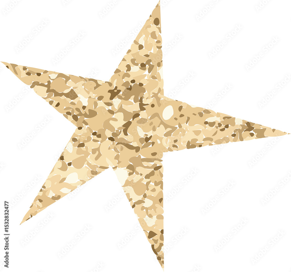Poster speckled 5-pointed star is floating in flat design with tan-beige pattern, transparent background