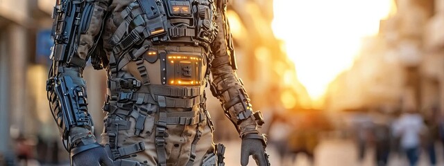 Futuristic Soldier in Exoskeleton Suit at Sunset