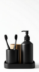 Obraz premium Black bathroom set featuring toothbrushes and soap dispenser against white background, bathroom, toothbrush, black, soap, dispenser, hygiene, accessories, minimal, modern, design, home, decor, dental,