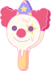 Melting clown-faced ice pop is dripping in flat art, party hat, bi-tone stick, transparent backdrop © vectorfusionart