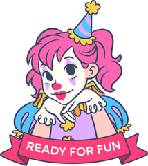 Flat design clown girl leaning on transparent backdrop with striped party hat and ribbon banner