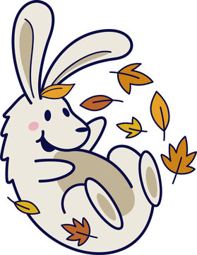 Fototapeta Cartoon rabbit is lying on back in flat design, autumn leaves are swirling, transparent background