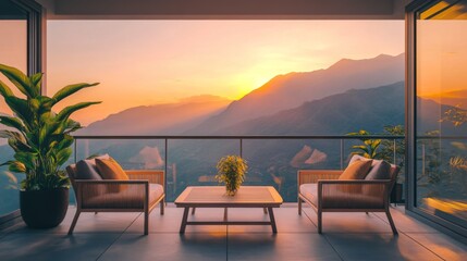 Fototapeta premium A spacious balcony with a stylish lounge set, overlooking a breathtaking mountain range at sunrise, illuminating the space with golden light.