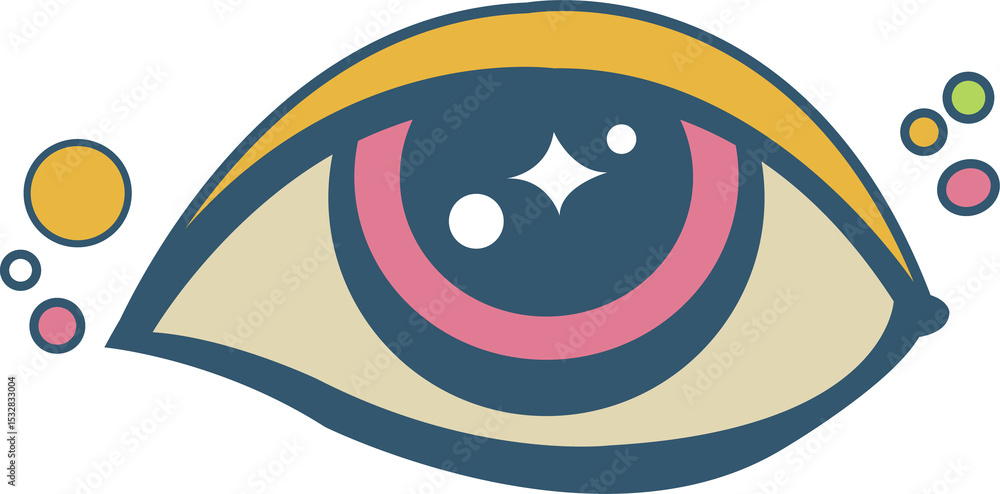 Poster flat design eye motif is floating on transparent background, featuring rings, sparkles and dots