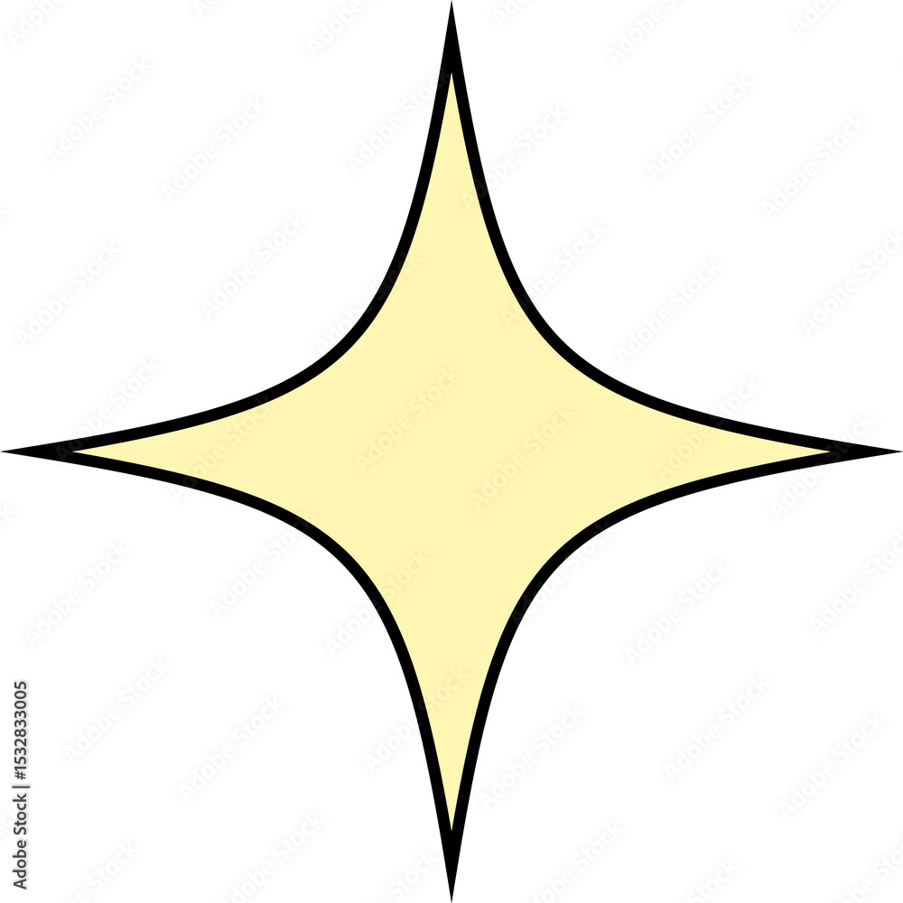 Poster flat design four-pointed yellow sparkle icon with black border is shining on transparent background