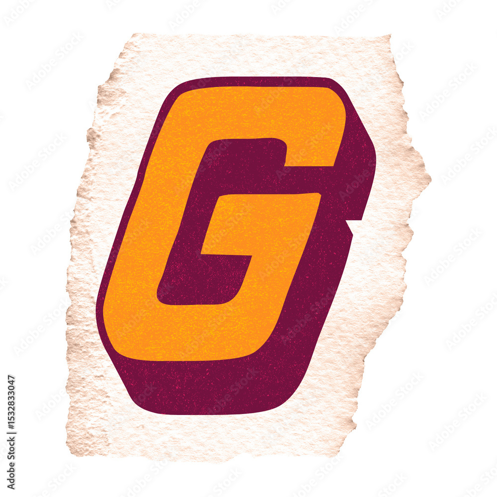 Poster retro-style g displaying on torn paper with golden and maroon shadow on transparent background