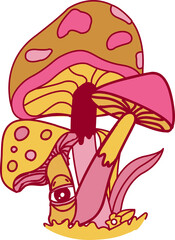 Flat design mushrooms are featuring dripping caps, eye motif, grass patch on transparent background
