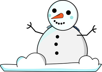 Snowman is sitting on snow in flat style, with carrot nose, stick arms, transparent background
