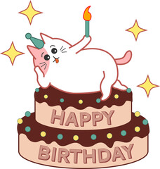 Flat design cat is lounging atop cake wearing party hat, holding candle, transparent background