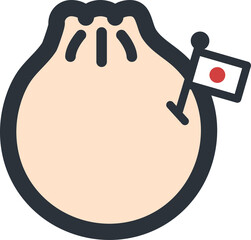 Cartoon-style steamed bun icon is showing pleated top holding Japanese flag, transparent background