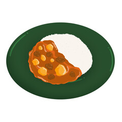 Flat-style graphic is showing curry rice on green plate, potatoes and meat, transparent background