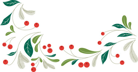 Flat botanical garland is curving on transparent frame with leaves, white  and  red berries, copy sp