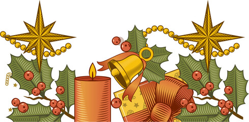 Flat design holiday decoration is being shown on transparent background with holly, candle and gift