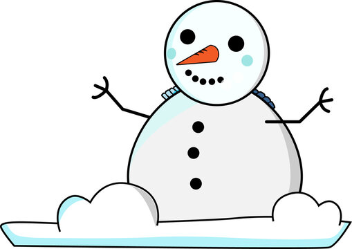 Snowman is sitting on snow in flat style, with carrot nose, stick arms, transparent background