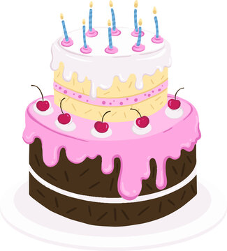 Naklejki Flat design showing two-tiered cake, cherries, eight candles on white plate, transparent background