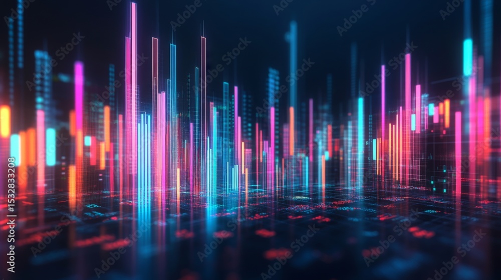 Poster A set of colorful D financial graphs showing stock performance and business growth, set against a dark background with digital elements.