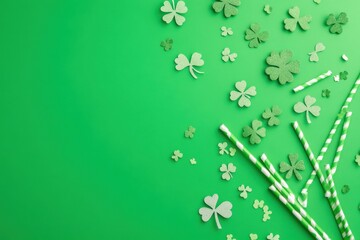 St. Patrick's Day Flat Lay with Shamrocks and Straws