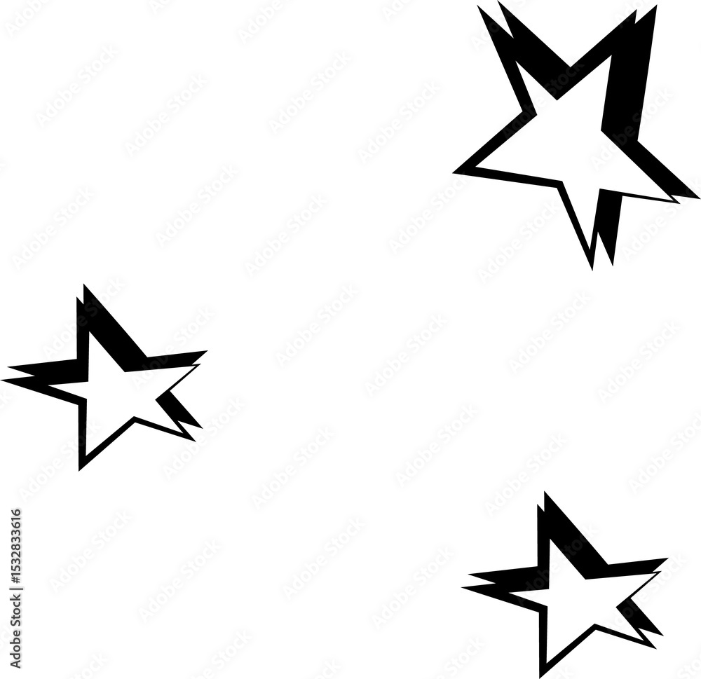 Poster trio of stylized stars are floating in flat design with jagged outlines on transparent background