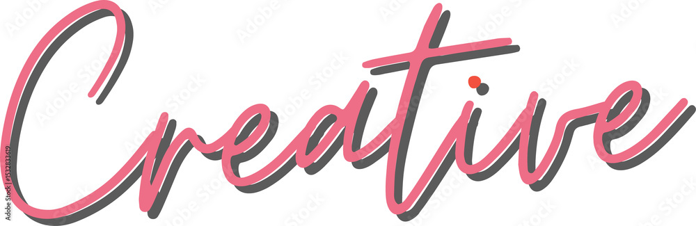 Poster flowing cursive brush lettering is showing creative in pink with shadow on transparent background